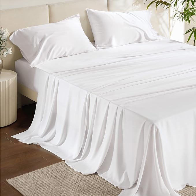 Bedsure King Size Sheet Set, Cooling Sheets King, Rayon Derived from Bamboo, Deep Pocket Up to 16", Breathable & Soft Bed Sheets, Hotel Luxury Silky Bedding Sheets & Pillowcases, White - LeafyLoom