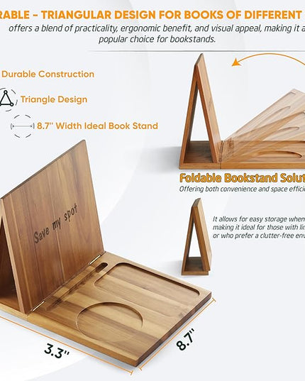 Triangle Book Holder, Book Rest, Acacia Foldable Book Nook Reading Valet, Triangle Book Stand with Cup, Pen, Glasses and Phone Holder for Bedroom, Nightstand or Office, Gifts for Book Lover - LeafyLoom