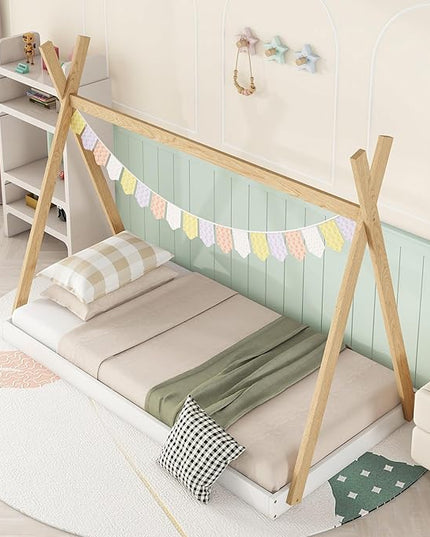 Bellemave Twin Size Tent Floor Bed Frame with Triangle Structure, Teepee Bed Platform Bed for Kids,Montessori Floor Bed for Girls Boys(Twin,White+Natural) - LeafyLoom