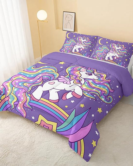 Unicorn Comforter King Size,Rainbow Unicorn Comforter Set for Kids Teens Girls,3Pcs Bedding Set Printed Comforter with 2 Pillowcases,Down Alternative,Soft and Lightweight(Purple，King Size) - LeafyLoom