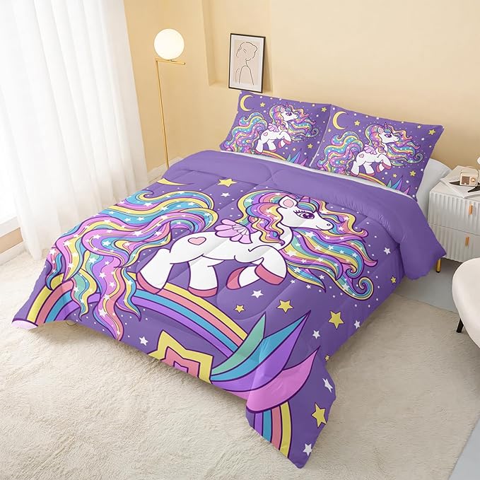 Unicorn Comforter Full Size,Rainbow Unicorn Comforter Set for Kids Teens Girls,3Pcs Bedding Set Printed Comforter with 2 Pillowcases,Down Alternative,Soft and Lightweight(Purple，Full Size) - LeafyLoom