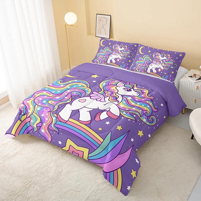 Unicorn Comforter Queen Size,Rainbow Unicorn Comforter Set for Kids Teens Girls,3Pcs Bedding Set Printed Comforter with 2 Pillowcases,Down Alternative,Soft and Lightweight(Purple，Queen Size) - LeafyLoom
