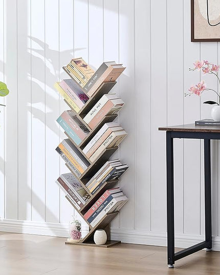 Hoctieon 10 Tier Tree Bookshelf, 10 Shelf Bookcase, Free Standing Tree Bookcase, Display Floor Standing Shelf for Books, Book Organizer Shelves for Home Office, Living Room, Bedroom, Greige - LeafyLoom