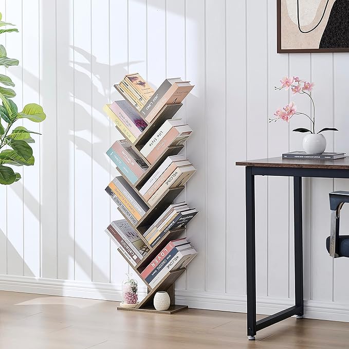 Hoctieon 10 Tier Tree Bookshelf, 10 Shelf Bookcase, Free Standing Tree Bookcase, Display Floor Standing Shelf for Books, Book Organizer Shelves for Home Office, Living Room, Bedroom, Greige - LeafyLoom