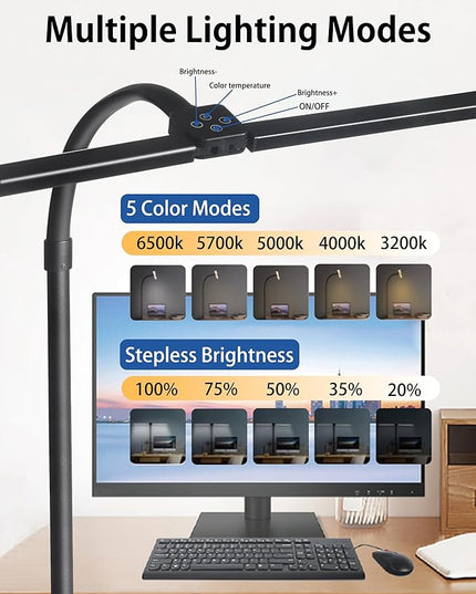 LED Desk Lamp with Remote for Home Office,24W Bright Desk Light with Clamp for Study Reading, Double Head Eye-Caring Clip on Lights,10 Dimmable Brightness, 50,000H Life Span,Desk Lamp for Workbench - LeafyLoom