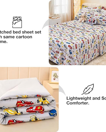 Mooreeke Twin Size Comforter Sets for Boys Kids, 6 Pieces Bed in a Bag Racing Car Bedding Comforter Sheet Set with Shams and Decorative Toy Pillow, Ultral Soft Microfiber Kids Bed Set - LeafyLoom