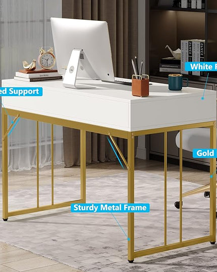 47’’ Computer Desk with 2 Drawers, White Gold Writing Desk Make Up Vanity Table - LeafyLoom