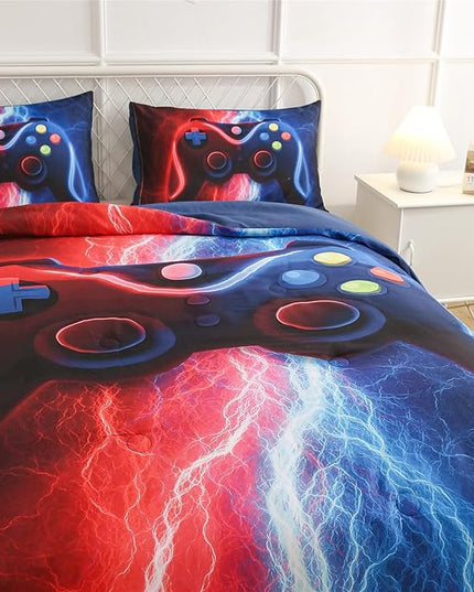 Meeting Story Gamer Gaming Bedding Sets Red-Blue Lightnings Gamepad Comforter Set for Boys Games Console Action Buttons Novelty Colorful Modern Room Decor Home Quilt Set (Red-Blue, Full) - LeafyLoom