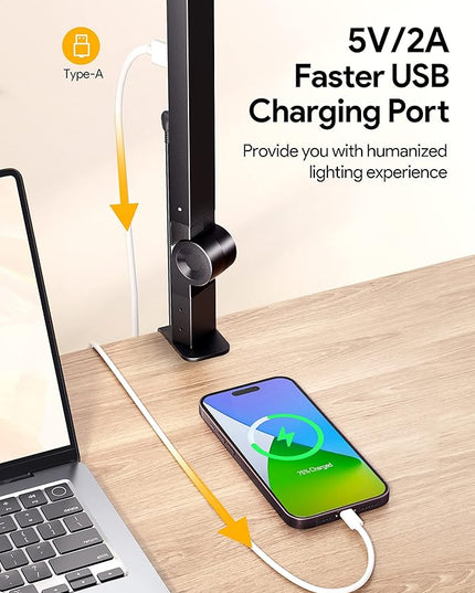 MediAcous LED Desk Lamp with Clamp, 20W Three Lights Desk Light for Home Office, Flexible Swing Arm, Control Box, 4 Color Modes, 4 Brightness, Memory Function, Eye-Caring Clip-on Lamp for Workbench - LeafyLoom