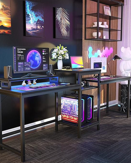 Unikito 2 Person Computer Desk with LED Light and Power Outlet, Double Gaming Desk, Large Workstation with Storage and Printer Stand, Long Desk, Office Work Desk with Shelf, Writing Study Table, Black - LeafyLoom