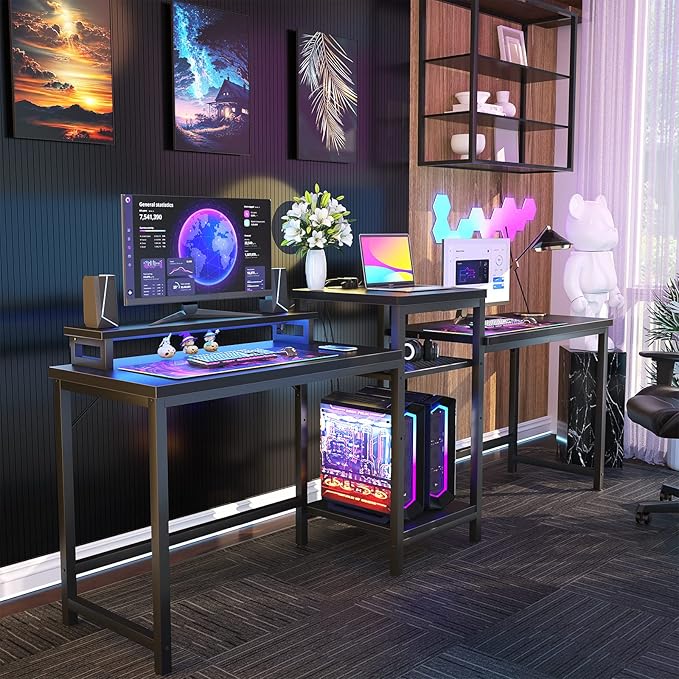 Unikito 2 Person Computer Desk with LED Light and Power Outlet, Double Gaming Desk, Large Workstation with Storage and Printer Stand, Long Desk, Office Work Desk with Shelf, Writing Study Table, Black - LeafyLoom