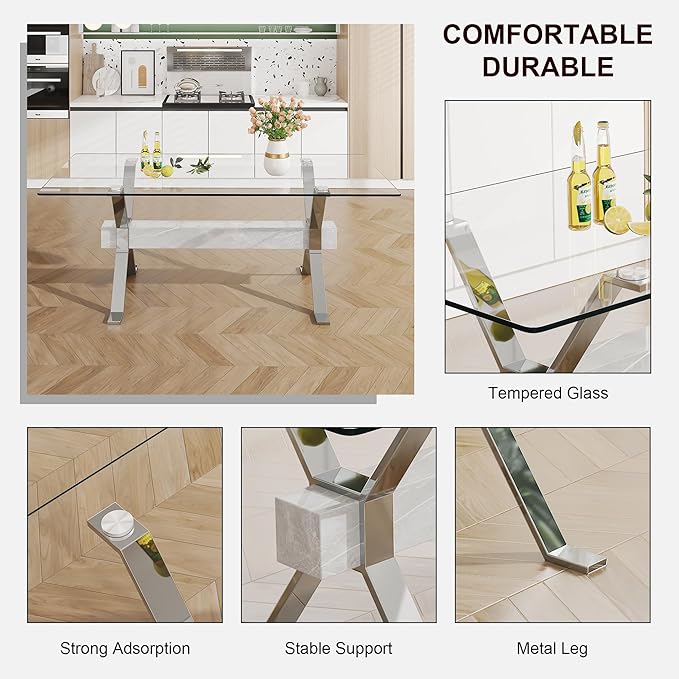 NicBex Dining Table Modern Tempered Glass Dining Table Large Modern Office Desk with Silver Plated Metal Legs and MDF Crossbars, Suitable for Both Home and Office Use, Silver + White - LeafyLoom