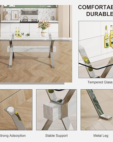 Rectangular Table with Tempered Glass Tabletop,Modern Dinner Desk W/Metal Tubular Legs, Home,Kitchen,Dining Room,Office,Silver, 79" Marble Color Crossbars - LeafyLoom