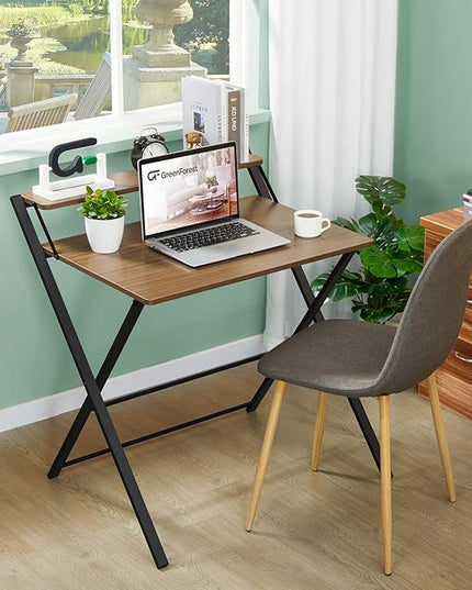 GreenForest Folding Desk No Assembly Required Small Size, 2-Tier Foldable Computer Desk with Shelf for Home Office, Space Saving Portable Laptop Study Foldable Table for Small Spaces, Espresso - LeafyLoom