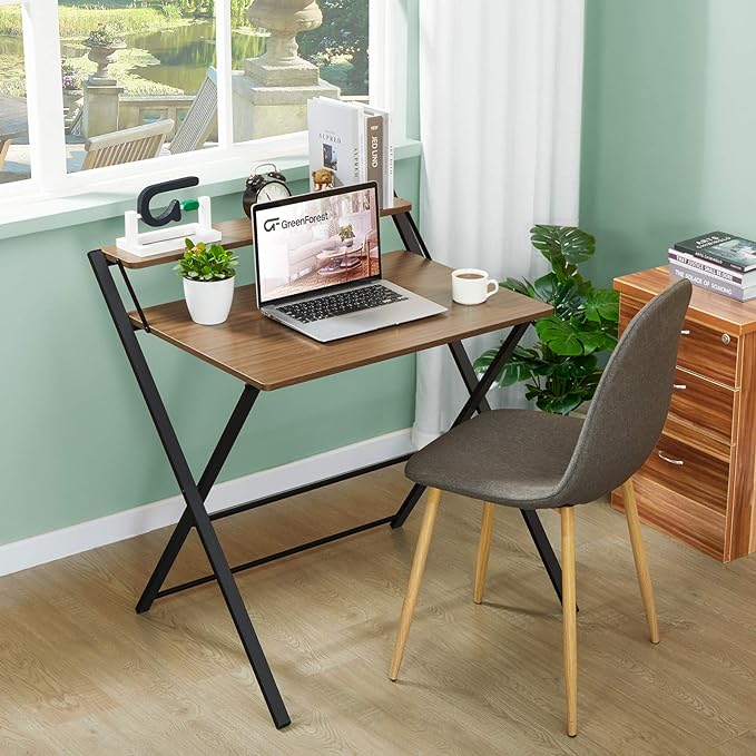GreenForest Folding Desk No Assembly Required Large Size, 2-Tier Foldable Computer Desk with Shelf for Home Office, Space Saving Portable Laptop Study Foldable Table for Bedroom, Espresso - LeafyLoom