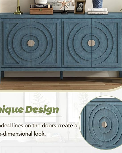 Retro Sideboard with Circular Groove Design Round Metal Door Handle,Wooden Buffet Cabinet,W/Adjustable Shelves & Open Countertop,for Entrance Living Dinning Room,Antique Blue, 60" - LeafyLoom