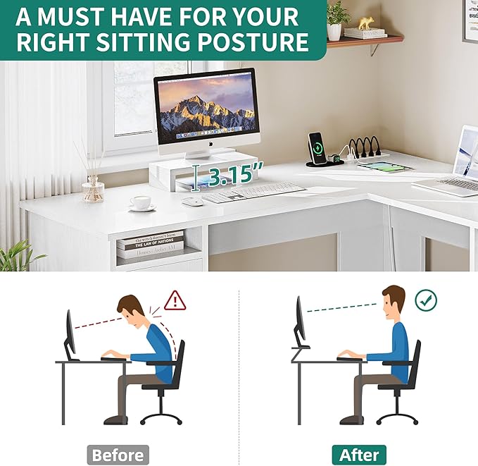 YITAHOME L Shaped Desk with Power Outlets, 60 Inch Computer Desk Corner Desk with File Drawer, Home Office Desk with Monitor Stand & Storage Shelves, L-Shaped Desk with File Cabinet, White - LeafyLoom