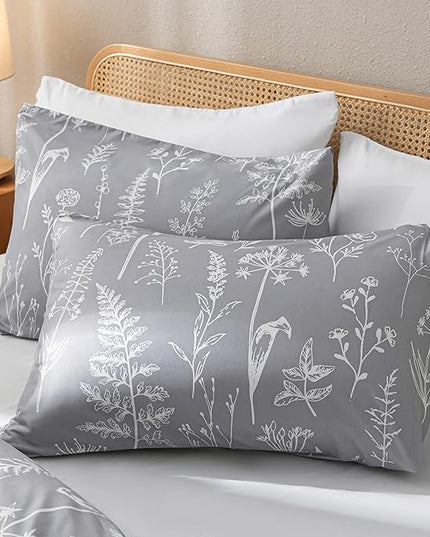 JANZAA Full Size Comforter Sets Grey Comforter Set Floral Bedding Set Microfiber Comforter Set with 2 Pillow Cases for All Season Cozy and Comfortable 3 Pieces - LeafyLoom