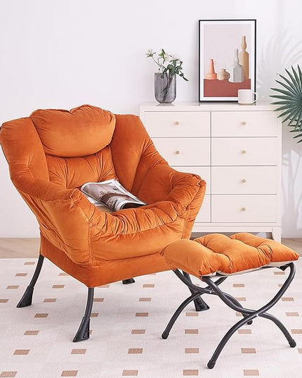 Lazy Chair with Ottoman, Modern Chair with Folding Footrest, Lounge Accent Chair, Comfortable Reading Chair, Oversized Armchairs for Bedroom, Study, Living Room, Courtyard (Orange) - LeafyLoom