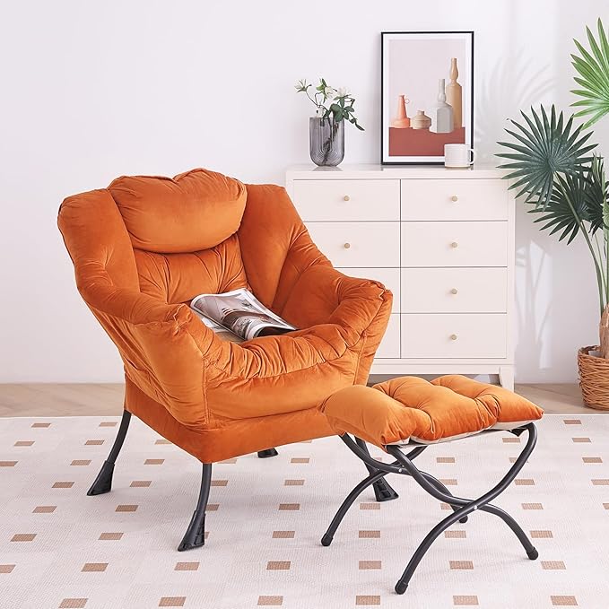 Lazy Chair with Ottoman, Modern Chair with Folding Footrest, Lounge Accent Chair, Comfortable Reading Chair, Oversized Armchairs for Bedroom, Study, Living Room, Courtyard (Orange) - LeafyLoom