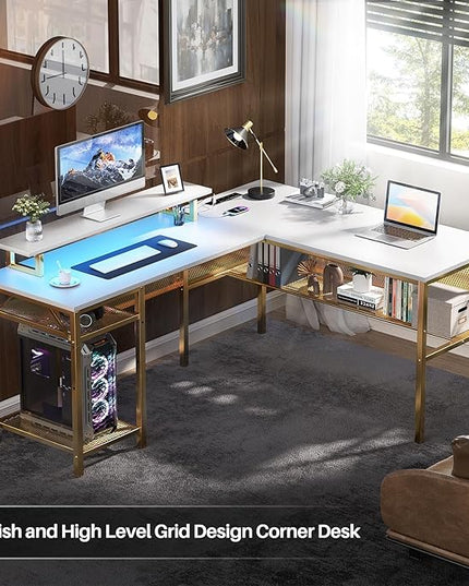 L Shaped Desk, 55 Inch Reversible Computer Desk with Power Outlet and RGB LED Light, Sturdy Corner Office Gaming Desk with Ergonomic Monitor Stand, Attractive Grid Design, White and Gold - LeafyLoom