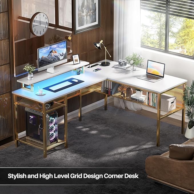 L Shaped Desk, 55 Inch Reversible Computer Desk with Power Outlet and RGB LED Light, Sturdy Corner Office Gaming Desk with Ergonomic Monitor Stand, Attractive Grid Design, White and Gold - LeafyLoom