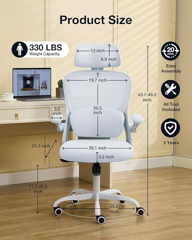 Ergonomic Office Chair with Tilt-Lock, Home Office Desk Chair with Auto Lumbar Support, High Back Mesh Desk Chair with Adjustable Headrest, Swivel Task Chair or Study Room Bedroom,White - LeafyLoom