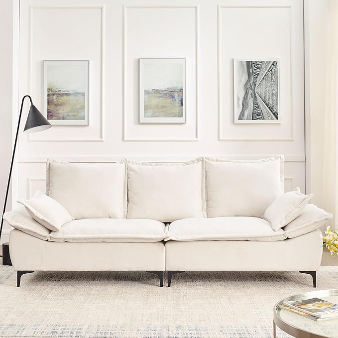 Modern Sleeper Sailboat Sofa Couch Dutch Velvet 3-Seater Cloud Sofa&Couch with Two Pillows for Apartments Office Studio Small Spaces Living Rooms, 88.5", Beige-005 - LeafyLoom