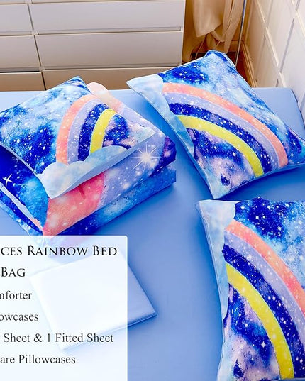 6Pcs Rainbow Girls Comforter Sets Full Size Blue Tie Dye Bed in A Bag for Kids/Teens Sparkle Galaxy Bedding Comforter Set Soft Lightweight Girls Bedding Sets for All Season - LeafyLoom
