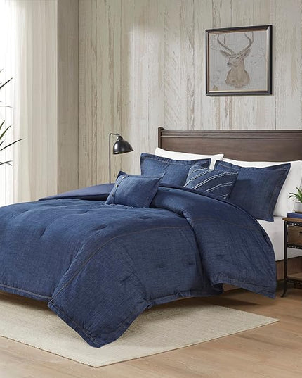 Woolrich Rustic Lodge Cabin Comforter Set - All Season Down Alternative Warm Bedding Layer and Matching Shams, Oversized Queen, Perry, Denim Blue - LeafyLoom