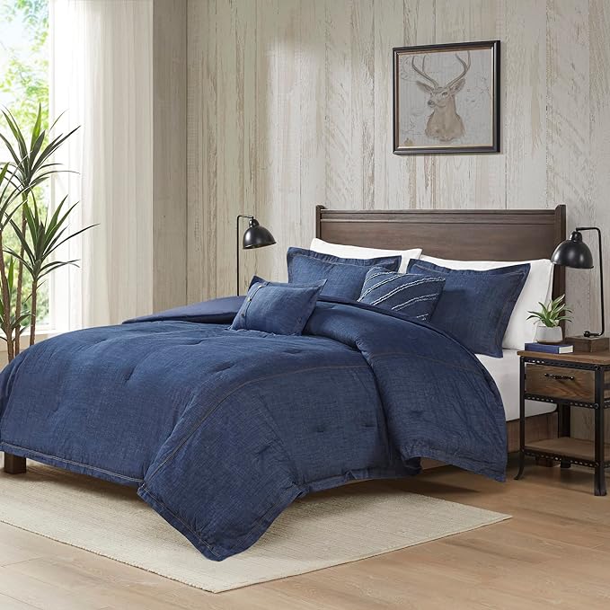 Woolrich Rustic Lodge Cabin Comforter Set - All Season Down Alternative Warm Bedding Layer and Matching Shams, Oversized Queen, Perry, Denim Blue - LeafyLoom