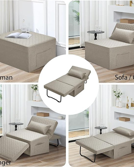 Sofa Bed, 4 in 1 Multi-Function Folding Ottoman Breathable Linen Couch Bed with Adjustable Backrest Modern Convertible Chair for Living Room Apartment Office,Squared-Linen Khaki - LeafyLoom