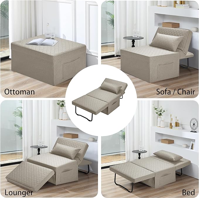Sofa Bed, 4 in 1 Multi-Function Folding Ottoman Breathable Linen Couch Bed with Adjustable Backrest Modern Convertible Chair for Living Room Apartment Office,Squared-Linen Khaki - LeafyLoom
