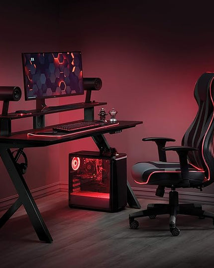 OSP Home Furnishings Area51 Battlestation Gaming Desk with Bluetooth RGB LED Lights, Matte Black - LeafyLoom
