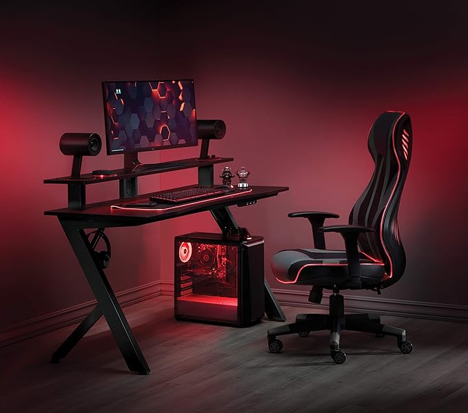 OSP Home Furnishings Area51 Battlestation Gaming Desk with Bluetooth RGB LED Lights, Matte Black - LeafyLoom