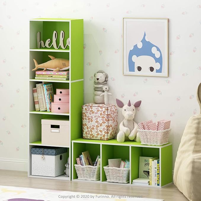 Furinno Luder Bookcase / Book / Storage , 5-Tier, White/Green - LeafyLoom