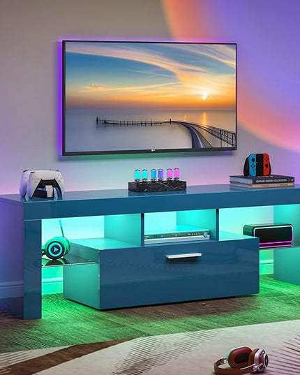 Clikuutory Blue LED TV Stand with Large Storage Drawer for 32 40 50 55 Inch TVs, Modern High gloss TV Console Table with Entertainment Center for Living Room, Bedroom, Blue - LeafyLoom