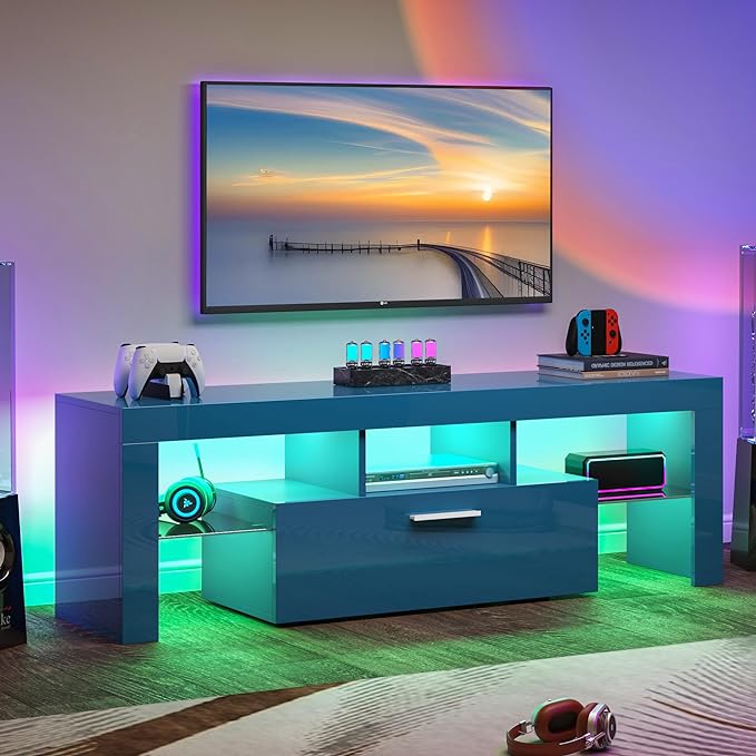 Clikuutory Blue LED TV Stand with Large Storage Drawer for 32 40 50 55 Inch TVs, Modern High gloss TV Console Table with Entertainment Center for Living Room, Bedroom, Blue - LeafyLoom