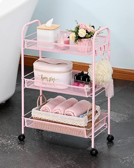 TOOLF 3-Tier Metal Rolling Cart, Mesh Wire Easy Assemble Utility Cart, Storage Trolley on Wheels with 3 Hooks, MetalStorage Shelving Units for Kitchen Bathroom Laundry Room - LeafyLoom