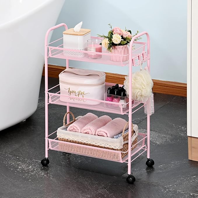 TOOLF 3-Tier Metal Rolling Cart, Mesh Wire Easy Assemble Utility Cart, Storage Trolley on Wheels with 3 Hooks, MetalStorage Shelving Units for Kitchen Bathroom Laundry Room - LeafyLoom