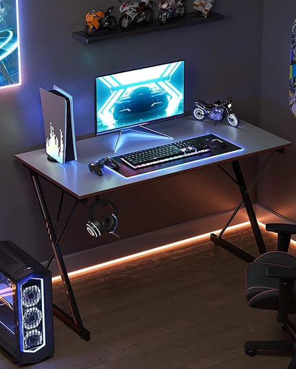 CubiCubi Gaming Desk 47 Inch PC Computer Desk, Carbon Fiber Home Office Desk Table Gamer Workstation, Simple Game Table with Headphone Hook, Gray - LeafyLoom