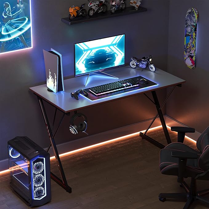 CubiCubi Gaming Desk 47 Inch PC Computer Desk, Carbon Fiber Home Office Desk Table Gamer Workstation, Simple Game Table with Headphone Hook, Gray - LeafyLoom