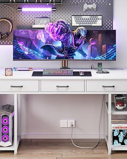 AODK 55 Inch Computer Desk with Fabric Drawers & Power Outlets, Office Desk with Storage Shelves & CPU Stand, Study Table, Writing Desk for Bedroom, White - LeafyLoom