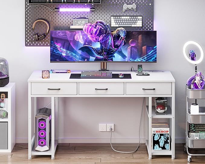 AODK 55 Inch Computer Desk with Fabric Drawers & Power Outlets, Office Desk with Storage Shelves & CPU Stand, Study Table, Writing Desk for Bedroom, White - LeafyLoom