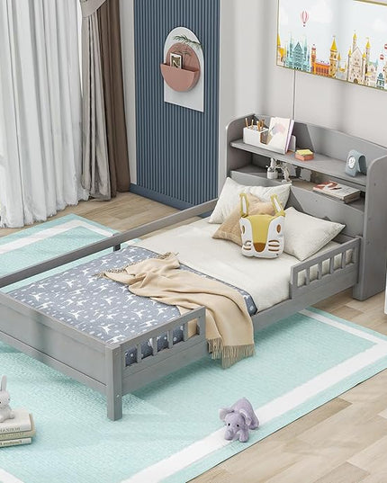 Twin Size Platform Bed with Built-in LED Light,Multi-functional Wood Beds Frame,w/ 2 Storage Shelves Headboard and Guardrail,for Apartment,Bedroom,Living Room,Antique Grey - LeafyLoom
