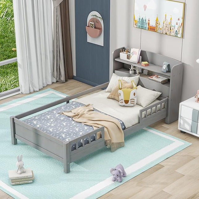 Twin Size Platform Bed with Built-in LED Light,Multi-functional Wood Beds Frame,w/ 2 Storage Shelves Headboard and Guardrail,for Apartment,Bedroom,Living Room,Antique Grey - LeafyLoom
