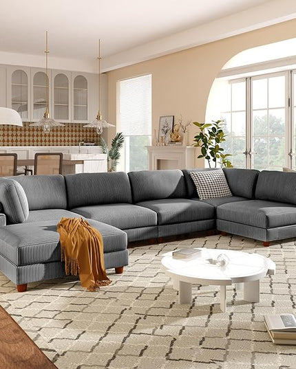 163.8" 6-Seater Upholstered Corner Couch,Large L Shaped Modular Sectional Sofa with Ottoman for Living Room Office Spacious Space Furniture Sets, 163.8 Inch, Gray - LeafyLoom