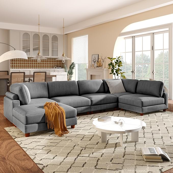 163.8" 6-Seater Upholstered Corner Couch,Large L Shaped Modular Sectional Sofa with Ottoman for Living Room Office Spacious Space Furniture Sets, 163.8 Inch, Gray - LeafyLoom