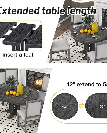 Extendable Round Upholstered, X-Shape Base, Modern Small Kitchen Chairs Room Home Furniture Breakfast Nook, Dining Table Set for 4-6, Black - LeafyLoom