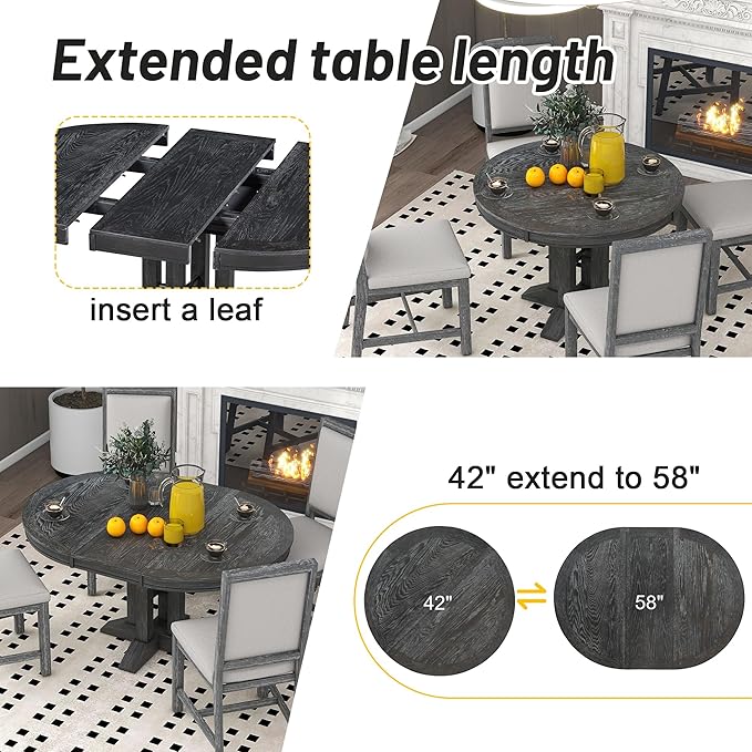 Extendable Round Upholstered, X-Shape Base, Modern Small Kitchen Chairs Room Home Furniture Breakfast Nook, Dining Table Set for 4-6, Black - LeafyLoom